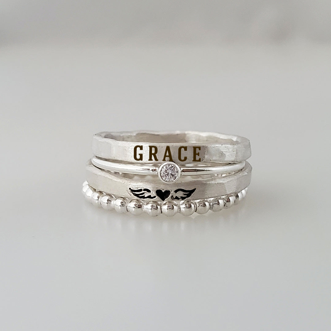 For Memorial - Even Death Can't Stop Me From Loving Him Angel Custom Name Stacked Ring - 4 Rings Set