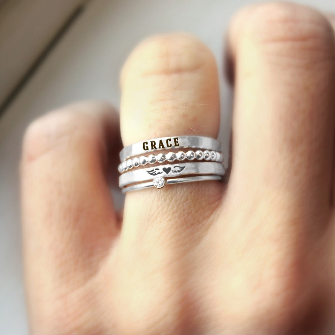 For Memorial - Even Death Can't Stop Me From Loving Him Angel Custom Name Stacked Ring - 4 Rings Set