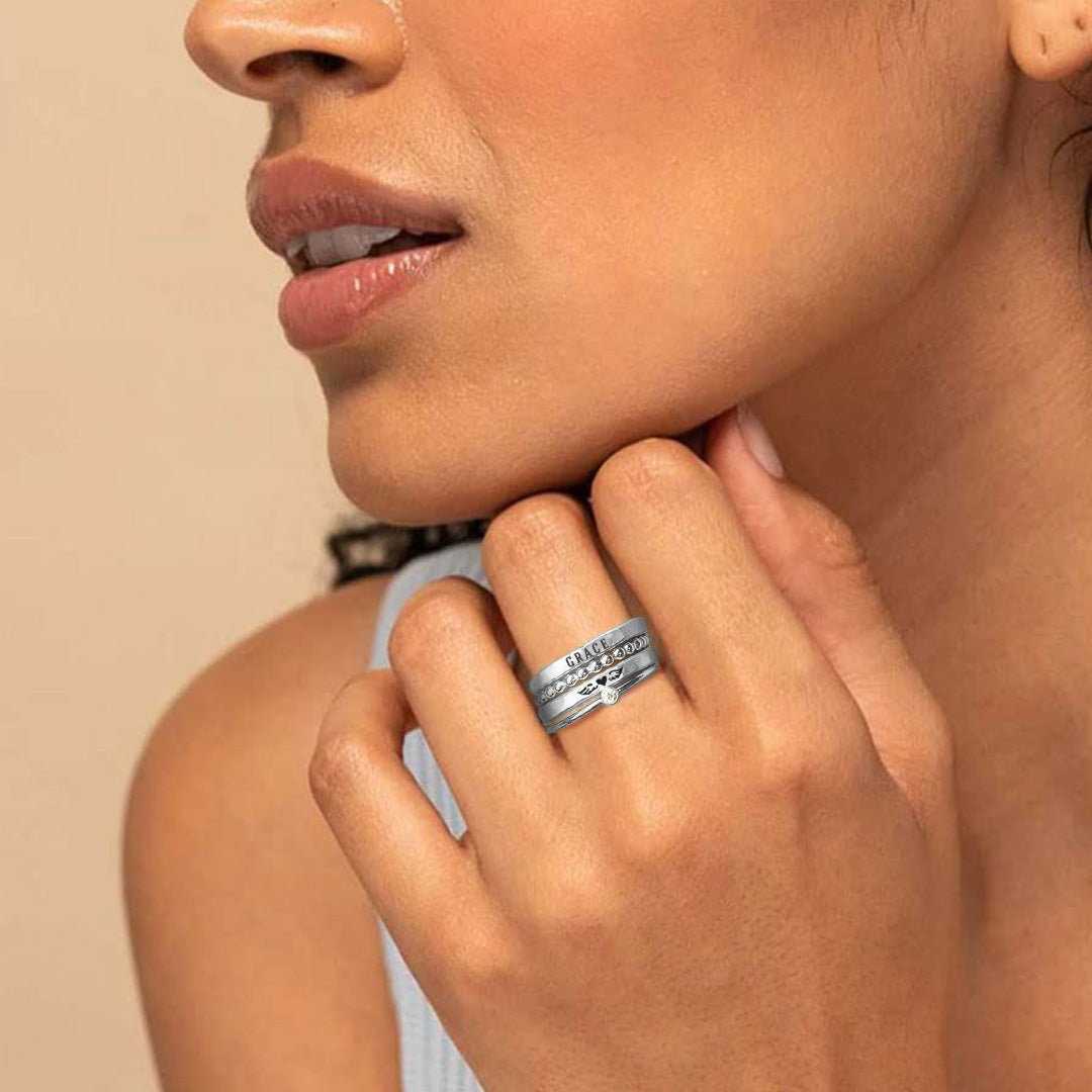 For Memorial - Even Death Can't Stop Me From Loving Him Angel Custom Name Stacked Ring - 4 Rings Set